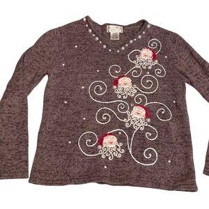 Vintage Ugly Christmas Sweater Mandala Bay Large Santa Pearls Knit Embroidered